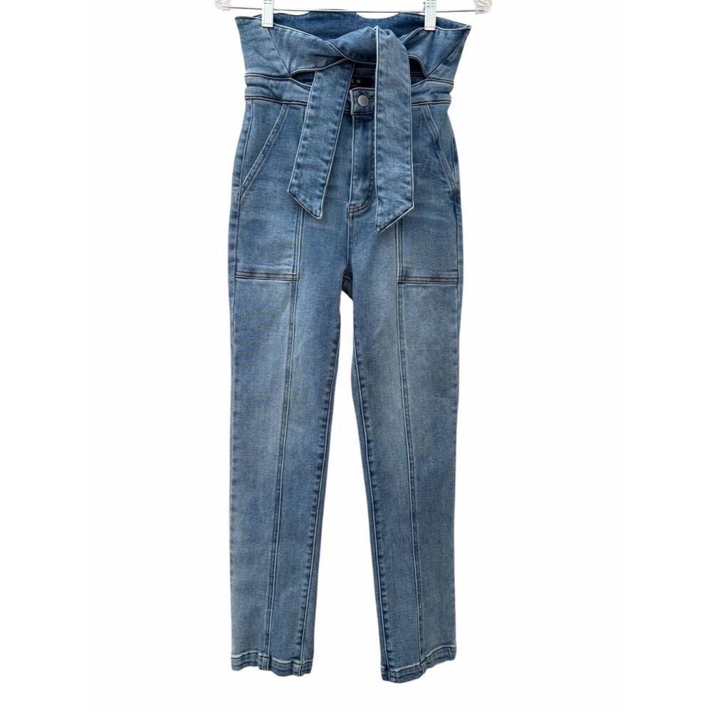 Risen Blue High Rise Paperbag Stretch Denim Jeans Tie Waist Skinny Women 5 Y2K